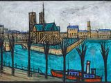 a painting of a boat on the water in front of a building