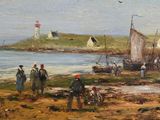 a painting of a group of people standing on a beach