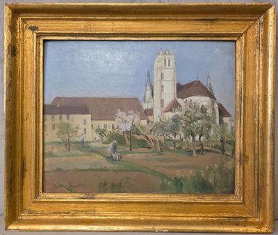 une peinture à l'huile représentant une église dans un champ, près d'un arbre