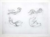 des croquis représentant le corps d'une femme dans différentes poses, réalisés sur une feuille de papier