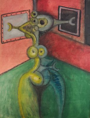 a painting of a man and a woman in a room