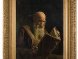 a painting of an old man reading a book in a gold frame