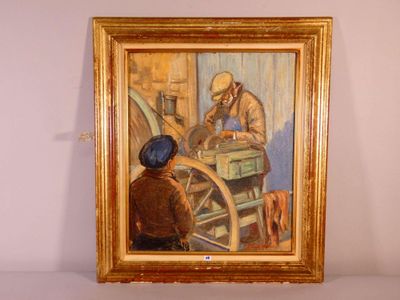 a picture of a painting of a man working on a machine