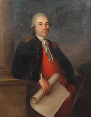 un vieux tableau représentant un homme vêtu d'un manteau rouge tenant un rouleau