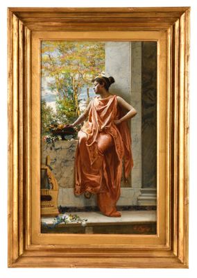 une image représentant un tableau où l'on voit une femme assise sur un rebord
