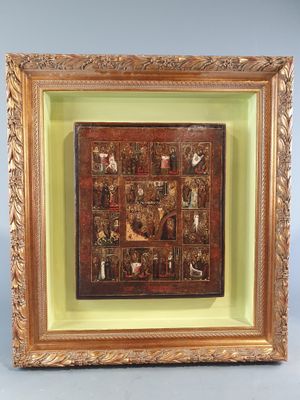 Icone russe figurant douze fêtes principales de l’Orthodoxie…