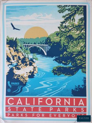 a poster of a bridge over a river with a bird flying over it