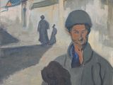 tableau représentant un homme et un enfant marchant dans une rue
