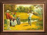 an oil painting of a man swinging a golf club on a sunny day