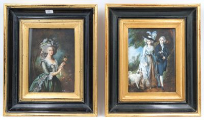 two framed paintings of a woman with a dog and a man with a dog