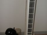 un ventilateur blanc posé par terre à côté d'un chien noir