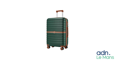 une image représentant une valise verte avec une poignée marron