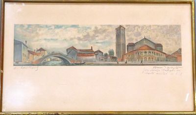 framed watercolor painting of a city with a bridge and a clock tower