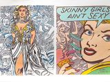 a drawing of a woman in a dress and a comic strip