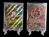 two pokemon cards on display on a black background