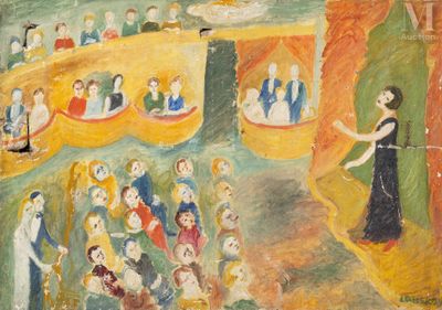une image représentant un tableau où l'on voit une femme en robe noire debout devant une foule de personnes