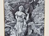 an old picture of a man and a woman walking in the woods