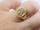 a man ' s hand holding a gold ring with a snake on it