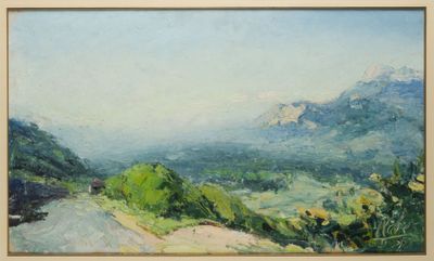 an oil painting of a mountain scene with a road in the foreground