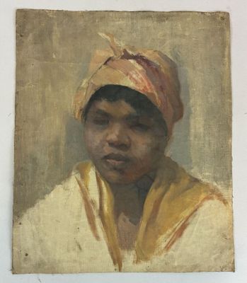 une peinture à l'huile représentant une femme portant un foulard jaune et un chapeau rose