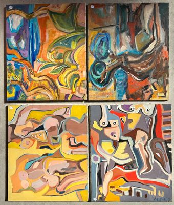 four paintings of people in different colors and sizes are hanging on a wall