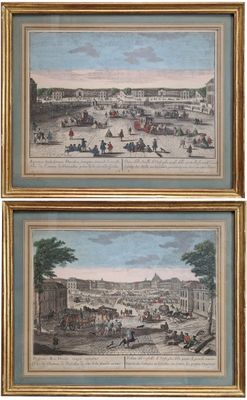 deux reproductions encadrées représentant une vue de ville avec des passants dans la rue