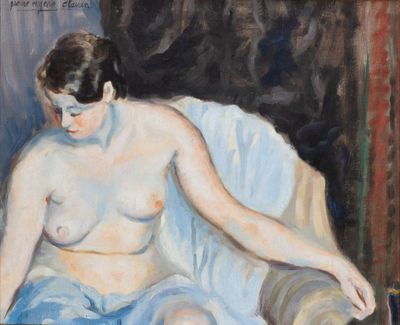 une peinture représentant une femme nue assise sur une chaise
