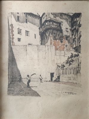 a drawing of a man holding an umbrella in the street