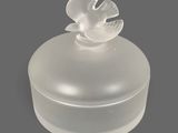 une boîte en verre transparent surmontée d'un oiseau
