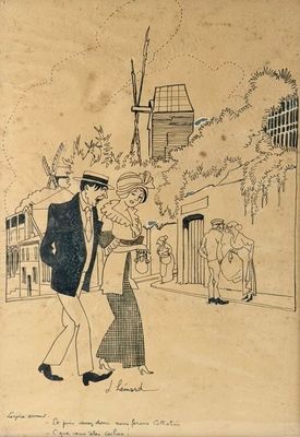 dessin représentant un homme et une femme marchant dans une rue, avec un moulin à vent en arrière-plan