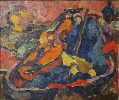 une peinture à l'huile représentant un tableau où l'on voit un violon posé sur une table