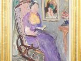 une peinture à l'huile représentant une femme assise sur une chaise en train de lire un livre