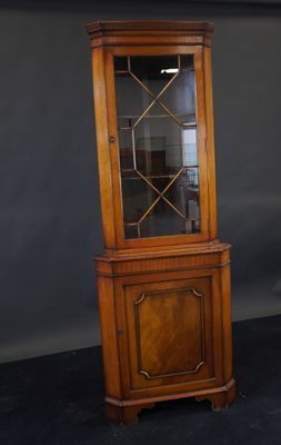 an image of a corner cabinet with a glass door on top