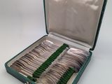 silverware in a green case on a white background