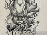 drawing of a black and white drawing of a cat with a bird on its head
