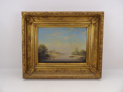une peinture d'un paysage avec une rivière au premier plan