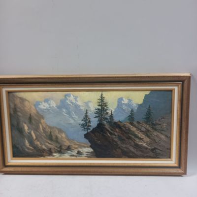 painting of a mountain scene with a river and pine trees