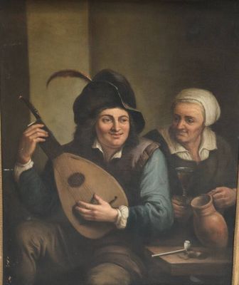 tableau représentant un homme jouant du luth et une femme jouant de la mandoline