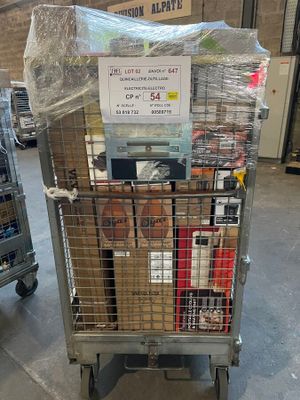a cart with a lot of books on it in a warehouse