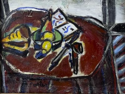 un tableau représentant une table sur laquelle se trouve une assiette de nourriture