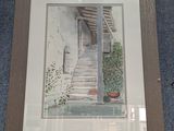 framed picture of a painting of a staircase leading up to a house