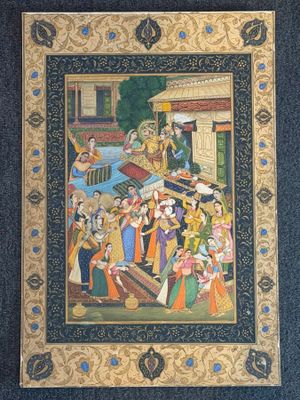 a painting of a group of people on a boat in the water