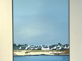une photo d'un tableau représentant une plage avec des maisons en arrière-plan