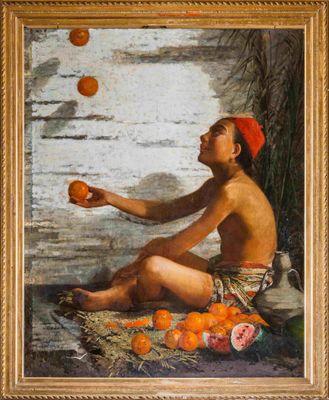 un tableau représentant un garçon assis par terre avec des oranges