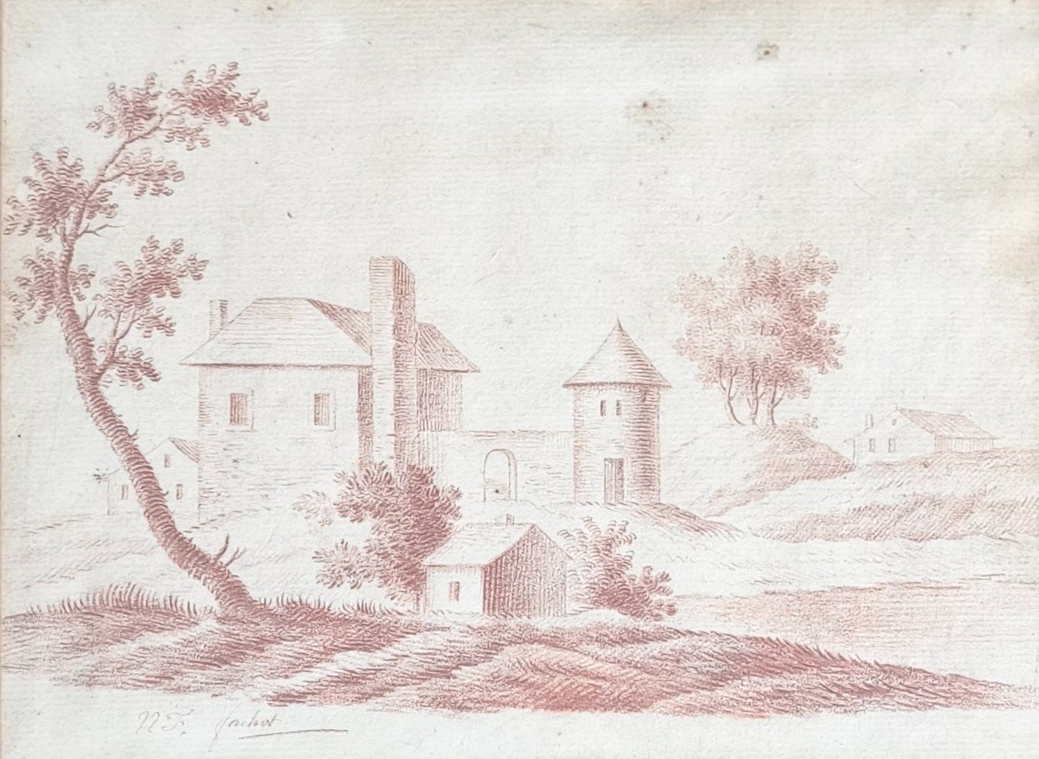 N.F FAUCHOT. La ferme fortifiée- Dessin à la sanguine signé en bas à gauche . Haut. : 15cm Larg; : 20cm