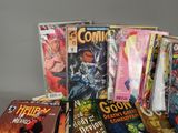 a lot of comic books sitting on a table
