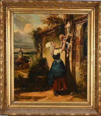 une peinture à l'huile représentant une femme adossée à un mur, tenant un enfant dans ses bras