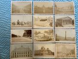 several old black and white photographs of buildings and a fountain