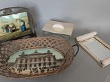 a basket that has a picture of a building on it