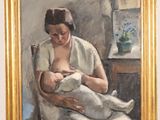 an oil painting of a woman holding a baby in her arms